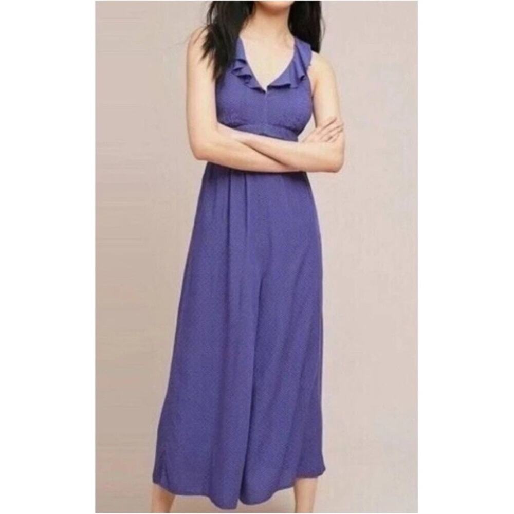 Anthropologie Maeve Womens Justine Polka Dot Wide Leg Jumpsuit Sz 2 Boho Ruffle